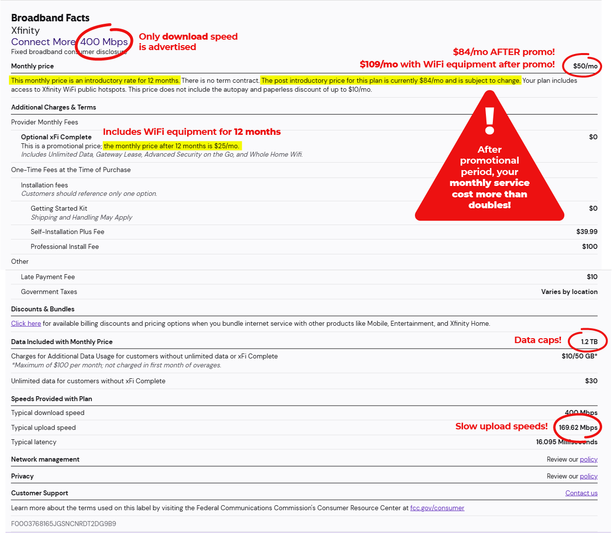 Xfinity 400Mbps Internet Plan Broadband Label